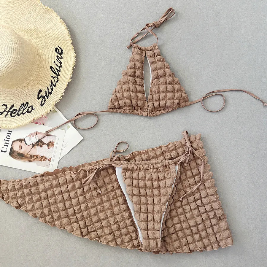 Lace-up Seersucker Three-piece Bikini Women's Swimsuit - Bellarte Enchanté Lace-up Seersucker Three-piece Bikini Women's Swimsuit